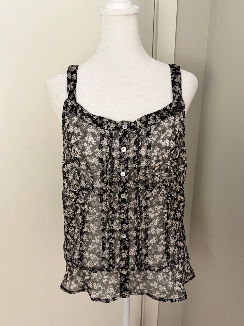 Semi Sheer Black Floral Button-Front Tank Top Quintessential Brand